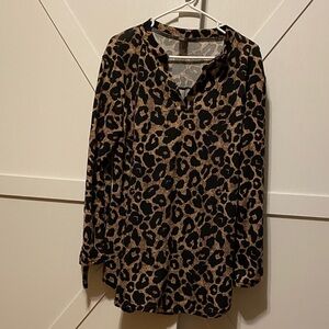 Leopard Print V-Neck Tunic Top - Brown/Black